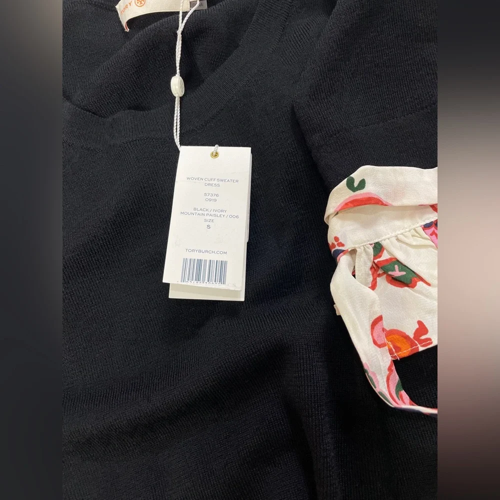 NWT Tory Burch Woven Cuff Long Sleeve Black Sweater Dress